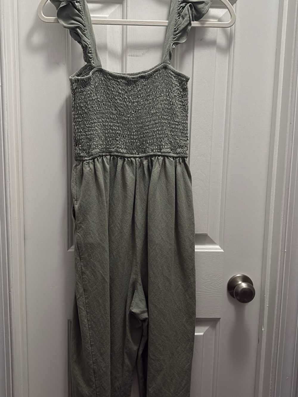 Pink Lily Olive Green Smocked Jumpsuit with Ruffle Straps